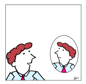 Getekende man kijkt in de spiegel